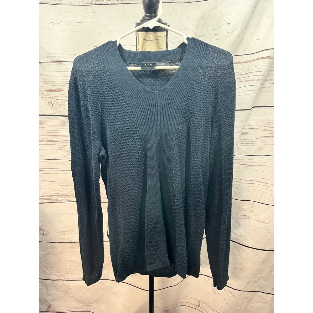 Armani Exchange Mens Navy Blue‎ Textured Waffle Knit V-Neck Sweater 3YZM1T M